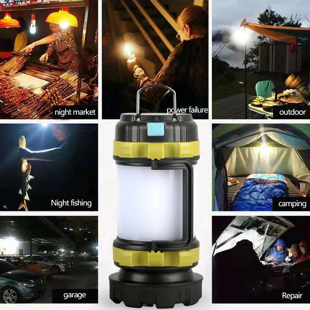 Versatile outdoor camping torch with rechargeable battery, dual lighting modes, and integrated power bank
