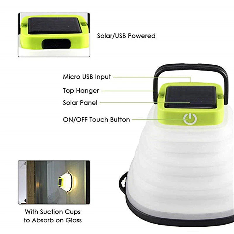 Collapsible camping lantern with solar charging, three brightness levels, and water-resistant design
