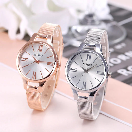 Elegant rose gold stainless steel mesh watch for women with precise quartz movement