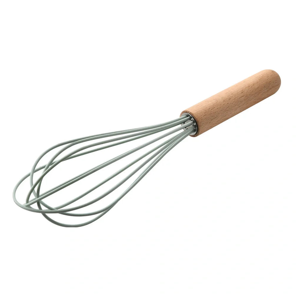 Silicone kitchenware set with wooden handles in various colors and styles, perfect for cooking, baking, and serving