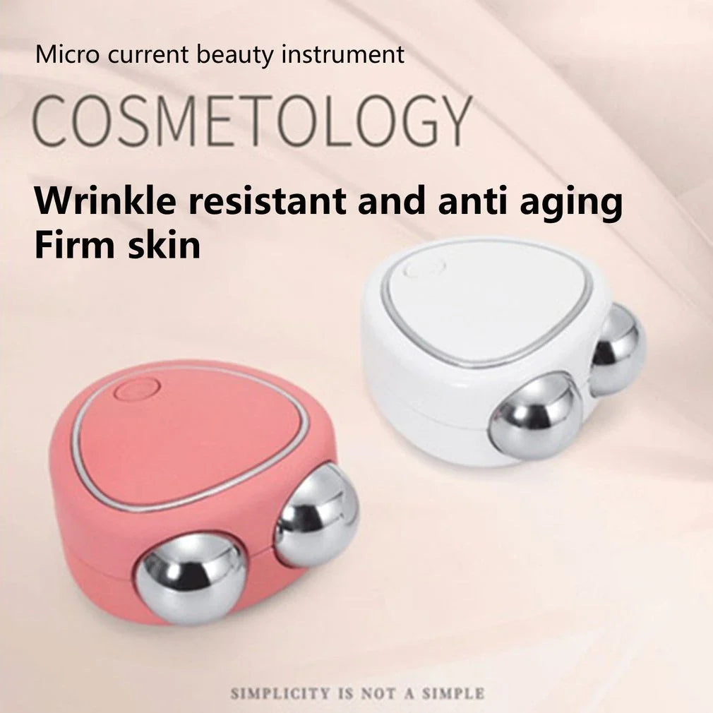 Portable facial micro-current beauty instrument with dual roller massager for lifting, firming, and reducing puffiness