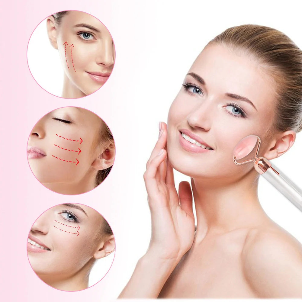 Electric Vibrating Natural Rose Quartz Jade Facial Roller with facial roller and under eye press attachments