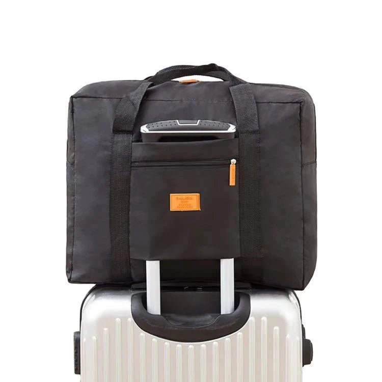 Foldable nylon travel holdall in various colours, including black, orange, green, and red