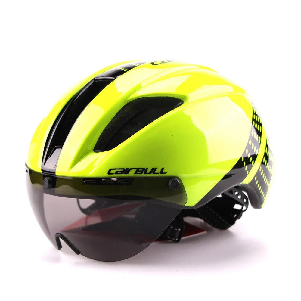 Aero cycling helmet with magnetic lens and adjustable fit for competitive cyclists