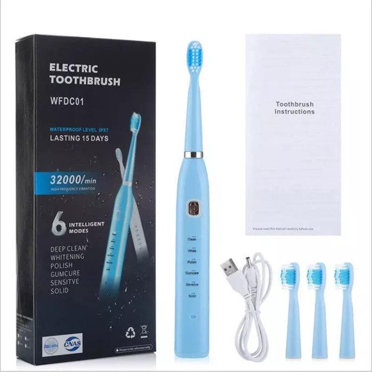 USB charging electric toothbrush in white, pink, and blue with multi-gear vibration