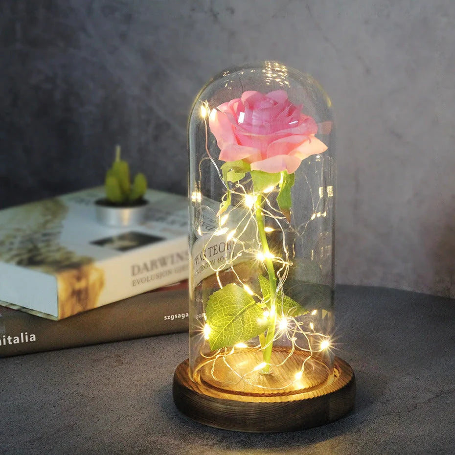Enchanted Forever Rose in Glass LED Light decoration with realistic rose and wooden base