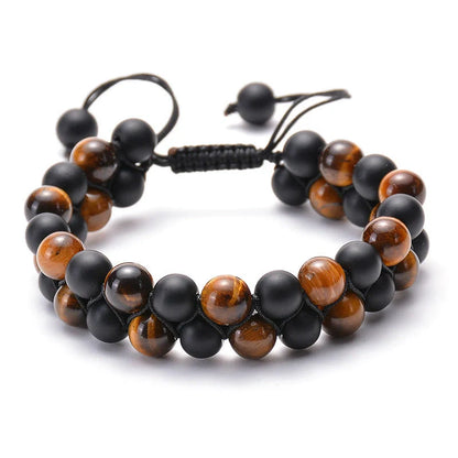 Matte black agate beads and tiger eye couple bracelets with geometric design