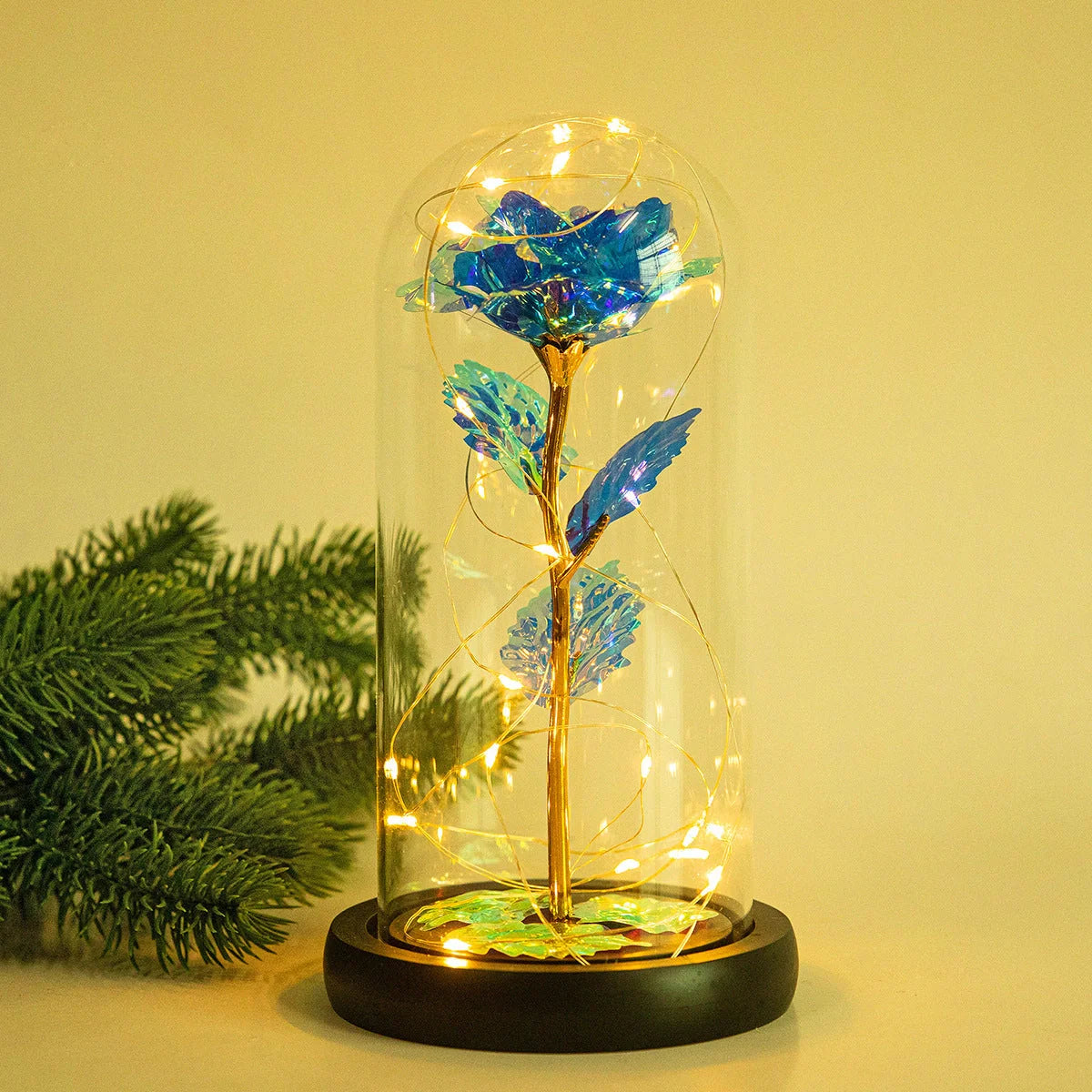 Enchanted Forever Rose in Glass LED Light decoration with realistic rose and wooden base