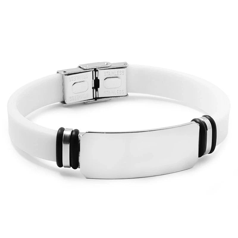 Custom engraved silicone bracelet with stainless steel accents in various colours