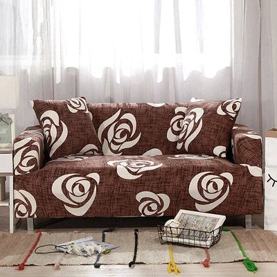 Stretchable geometric print sofa cover on a three-seater sofa