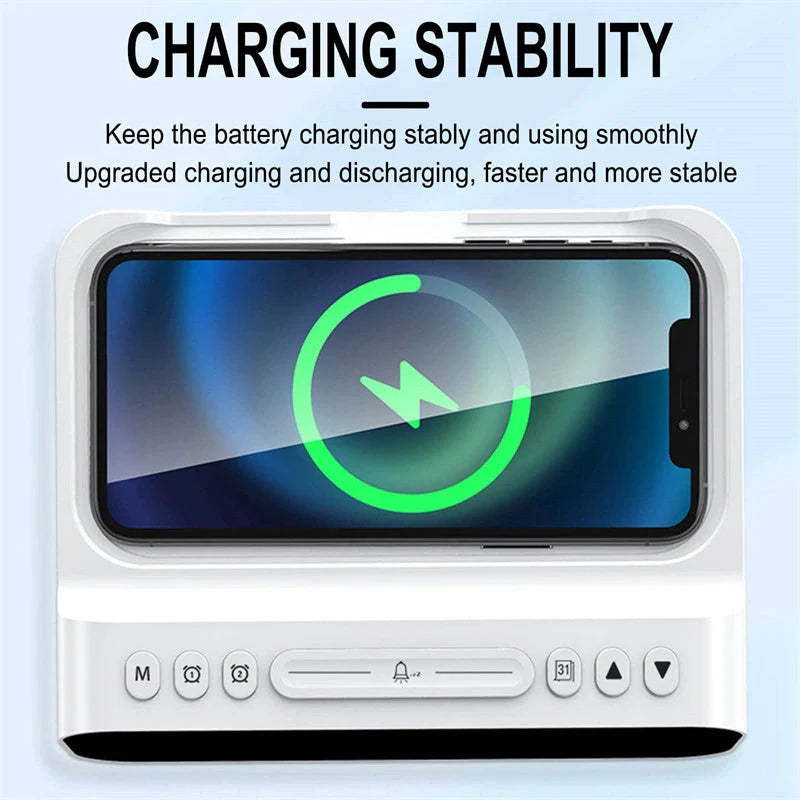 15W Three-in-one Wireless Charger with Temperature Tester and Multi Alarm Clock in black and white