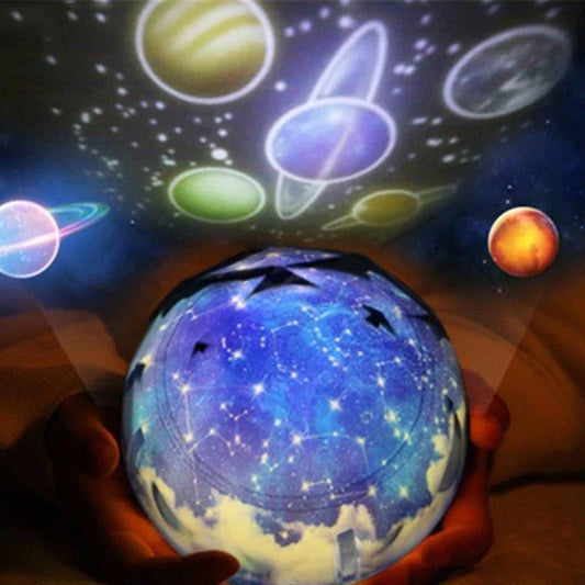 Galaxy Projector Lamp with different lighting themes and settings, including stars, planets, and constellations