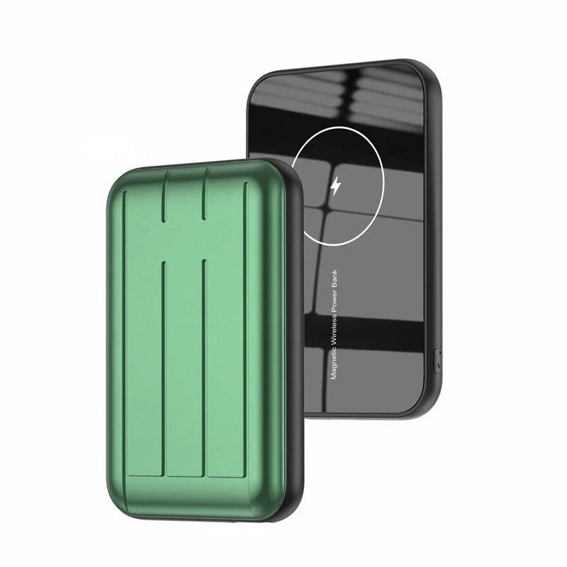 Premium 15W magnetic wireless power bank in three stylish colours: green, blue, and grey