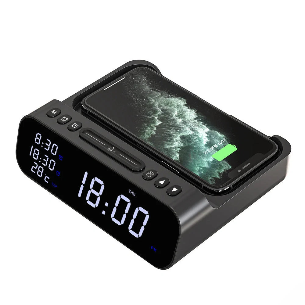15W Three-in-one Wireless Charger with Temperature Tester and Multi Alarm Clock in black and white