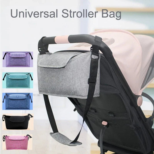 Stylish baby pram organiser bag made of premium cotton and linen materials, featuring various compartments and colour options to keep your child's essentials organised.