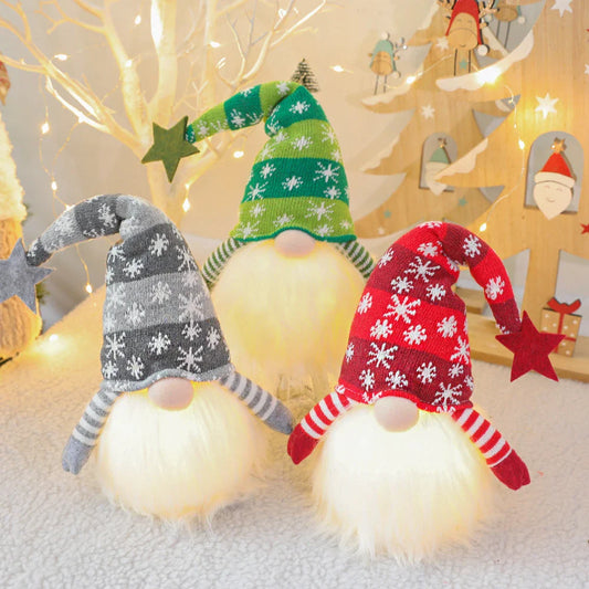 Festive faceless gnome figures in various colours, including green, red, and grey, adding a whimsical touch to Christmas home decor