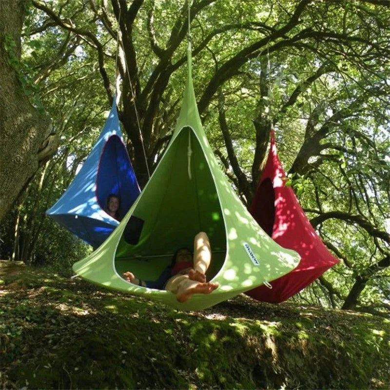 Flying Saucer Lightweight Portable Nylon Hammock in green, ideal for camping and backpacking