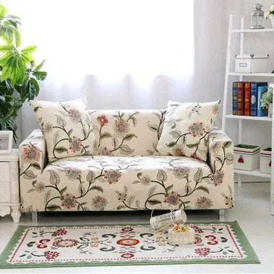 Stretchable geometric print sofa cover on a three-seater sofa
