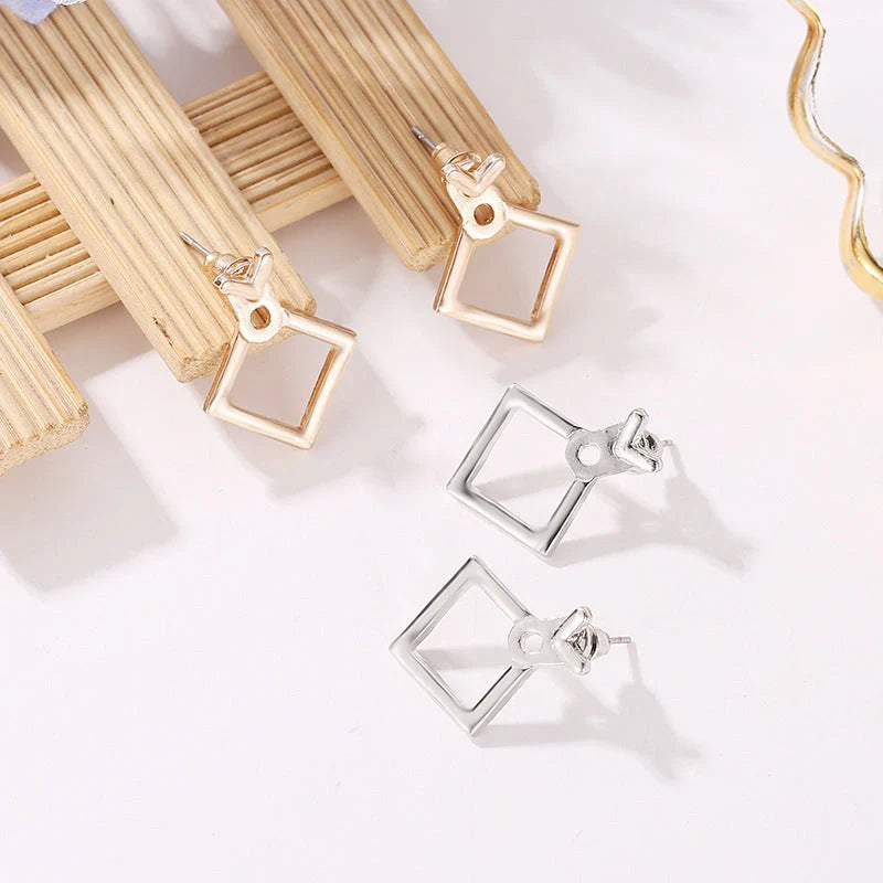 Hollow diamond square stud earrings in alloy with various finishes