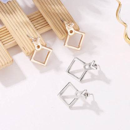 Hollow diamond square stud earrings in alloy with various finishes