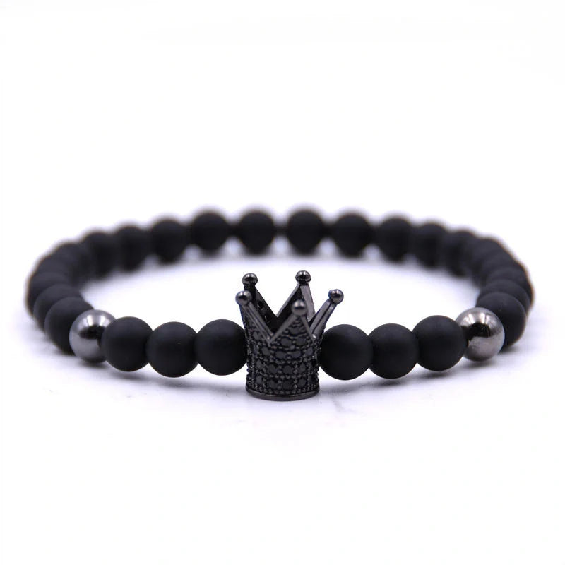 Micro-inlaid crown 6mm matte black and copper bead bracelet with zircon inlay