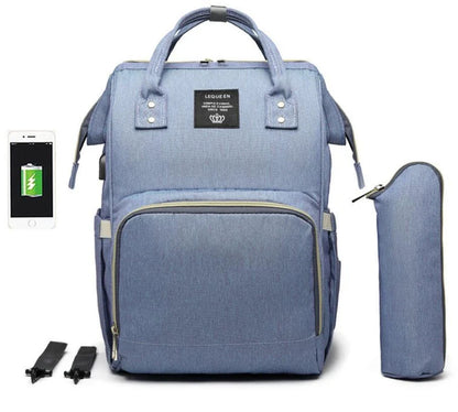 Premium mummy backpack in a range of stylish colours, featuring dedicated compartments for bottles, nappies and personal items.