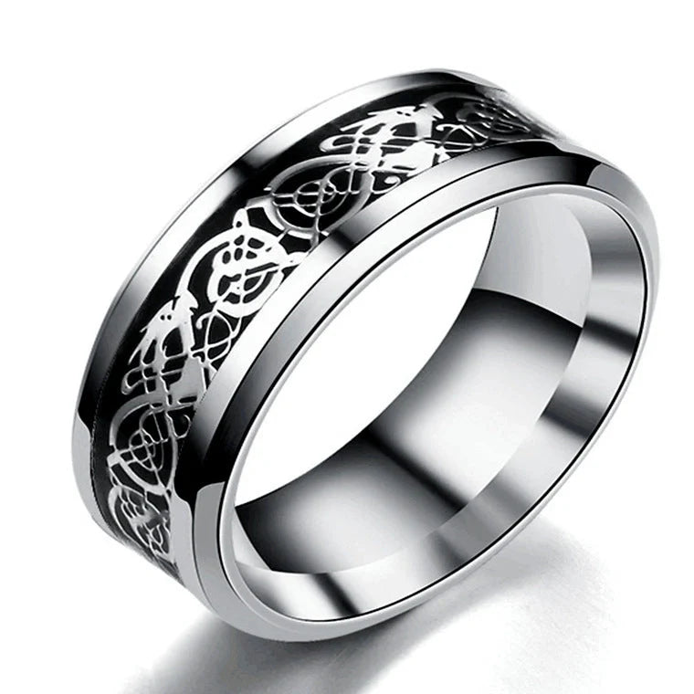 Dragon pattern stainless steel ring in black gold, showcasing intricate design and polished finish.