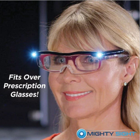 USB-powered reading glasses with transparent frame and integrated LED lighting for improved visibility and reduced eye strain