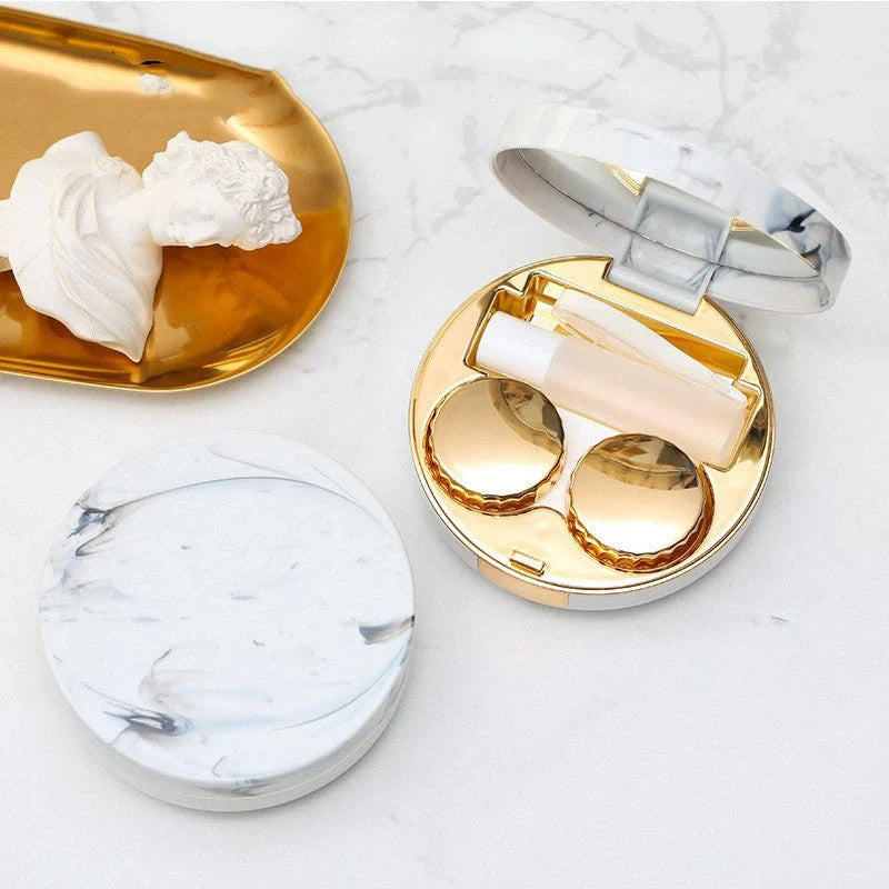 Square marble design contact lens case with mirror and accessories