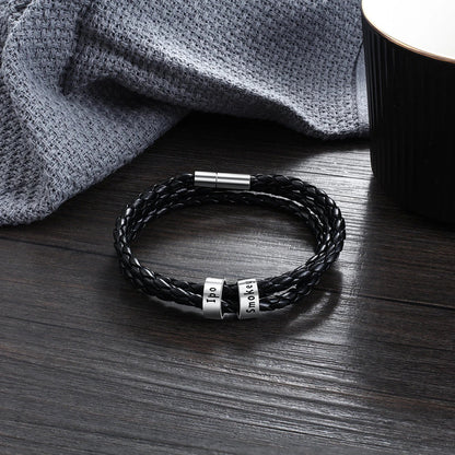 Personalized Leather Bracelet with Engraved Name Charm in Black and Brown Colors