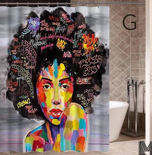 Vibrant African-inspired shower curtain with portrait of a beautiful African girl wearing earrings and bold hairstyle