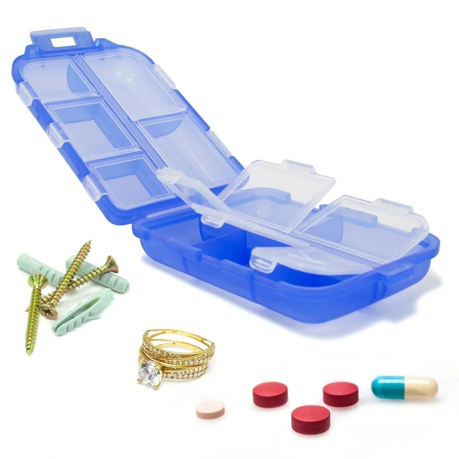 10-grid moisture-proof travel pill organizer in various colours for secure medication storage