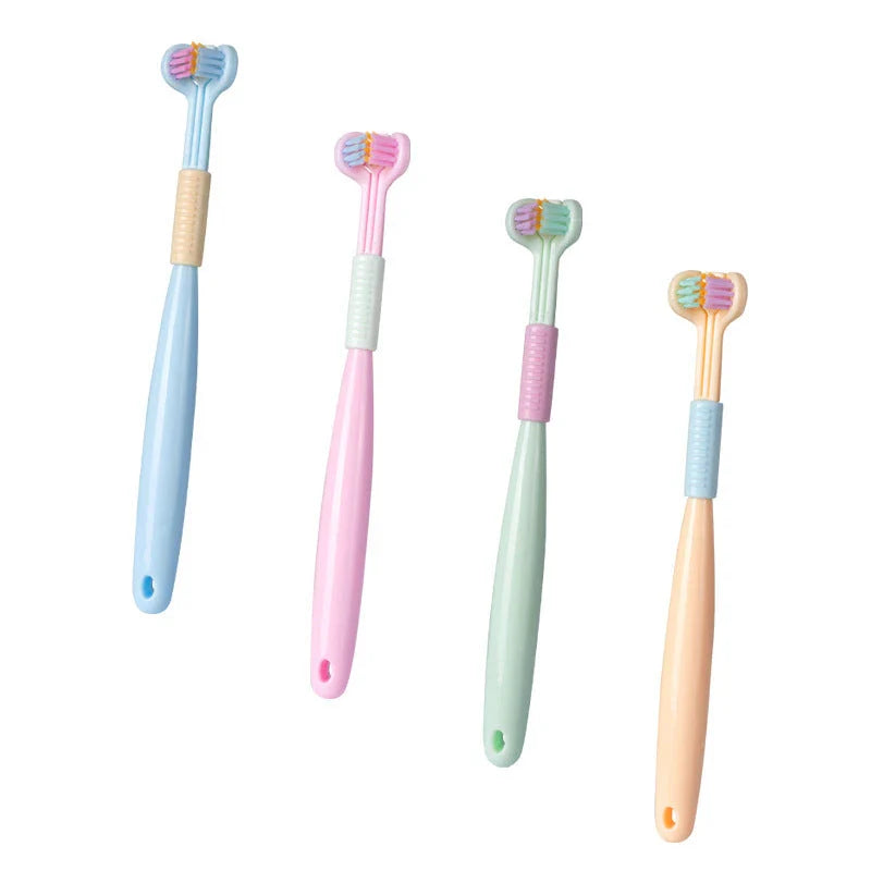Soft bristle toothbrush with 3-sided brush head for thorough dental cleaning