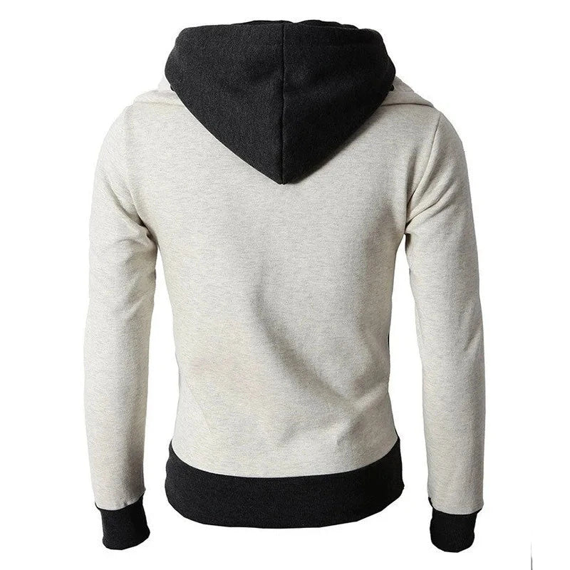 Men's zip-up hooded jacket with touchscreen functionality, available in light grey, white, dark grey, and beige white colors