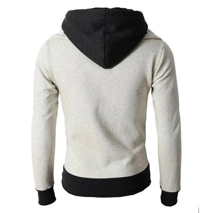 Men's zip-up hooded jacket with touchscreen functionality, available in light grey, white, dark grey, and beige white colors