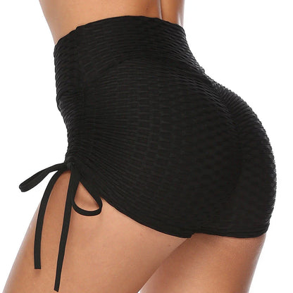 Stylish butt-lifting workout shorts with drawstring, available in various colors including pink, red, grey, navy, and black