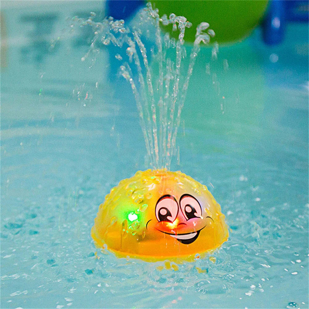 Rotating water sprinkler toy with colourful design and water spray feature for children's bath time fun