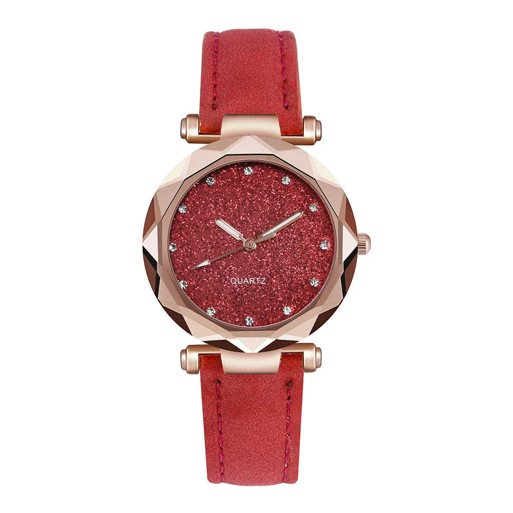 Stylish and versatile starry-patterned watch with a sleek case and comfortable leather strap, available in a variety of captivating colors