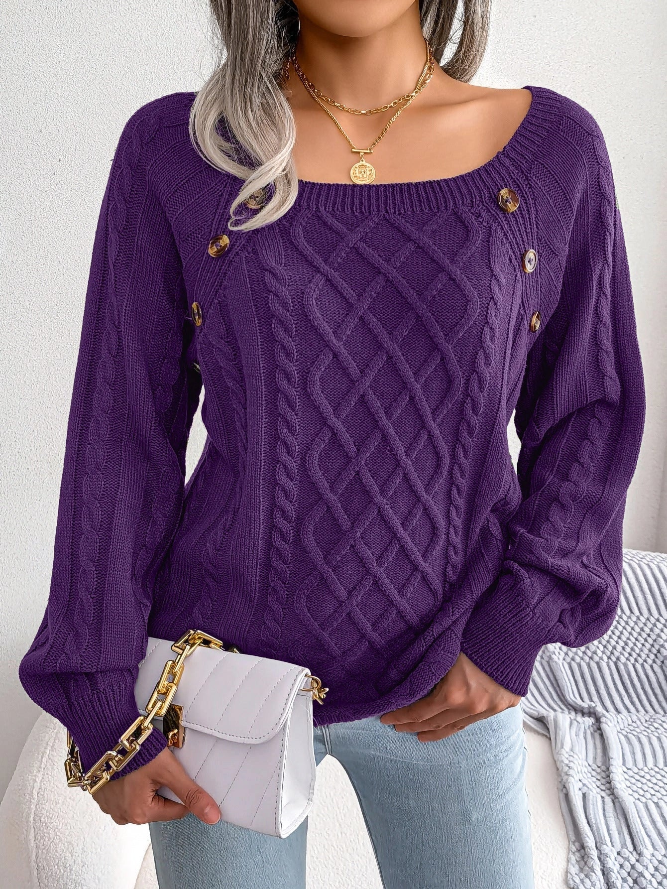 Women's square neck knitted sweater with button design in various colours