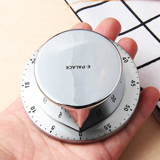 Robust stainless steel mechanical kitchen timer with strong magnetic back for easy placement on any metal surface