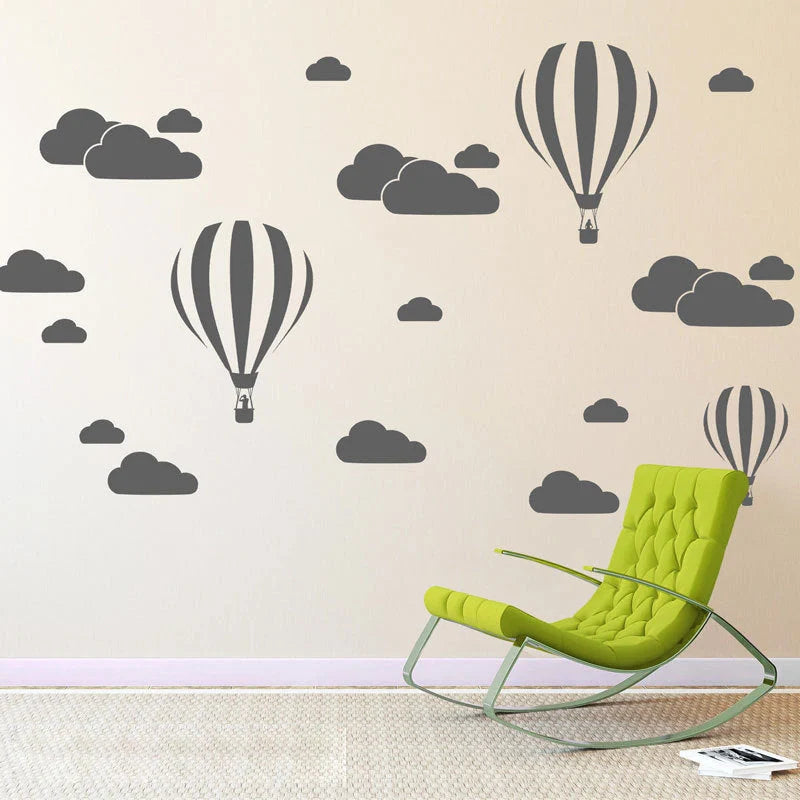Elegant hot air balloon wall decals in various sizes and colours, perfect for adding a touch of whimsy to any room in your UK home