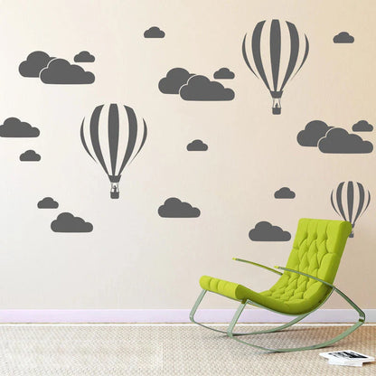 Elegant hot air balloon wall decals in various sizes and colours, perfect for adding a touch of whimsy to any room in your UK home