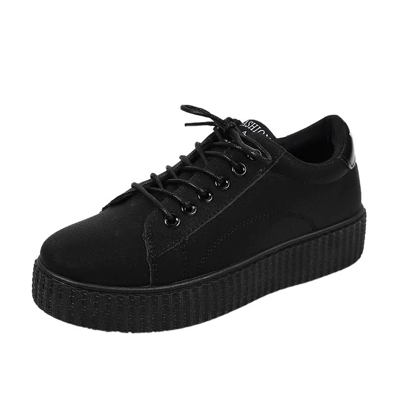 Women's black and khaki lace-up sports shoes with thick rubber sole