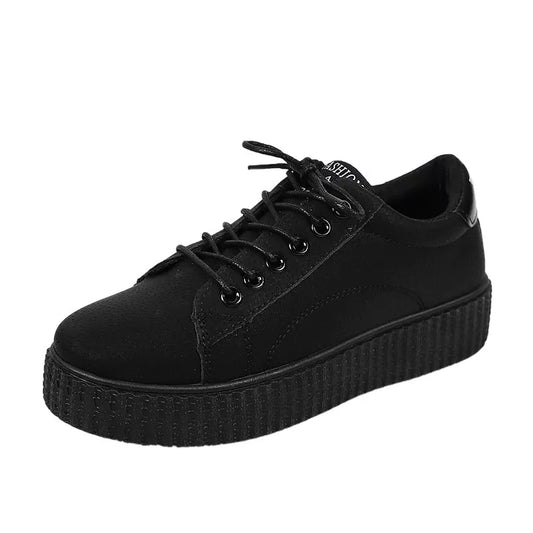 Women's black and khaki lace-up sports shoes with thick rubber sole