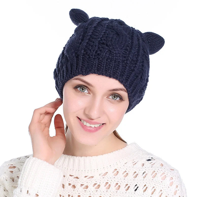 Cosy Cat Ear Knit Beanie in various colours for autumn winter warmth