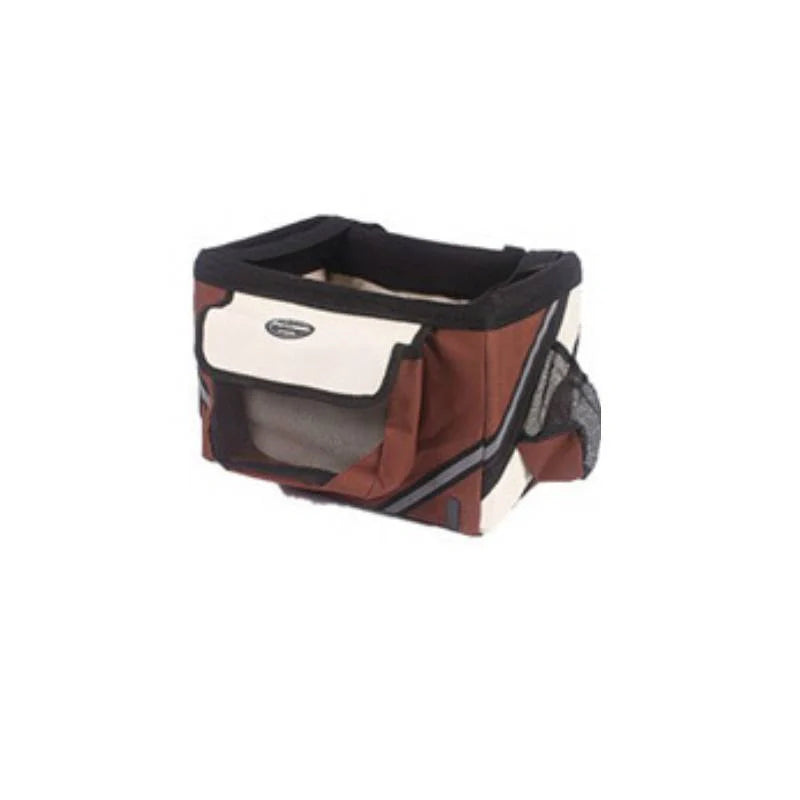 Pet bicycle carrier with removable basket for small cats and dogs, available in black, brown, blue, and red
