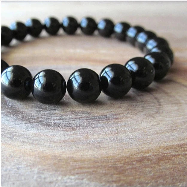 Black Onyx Bracelet with geometric design and elastic cord