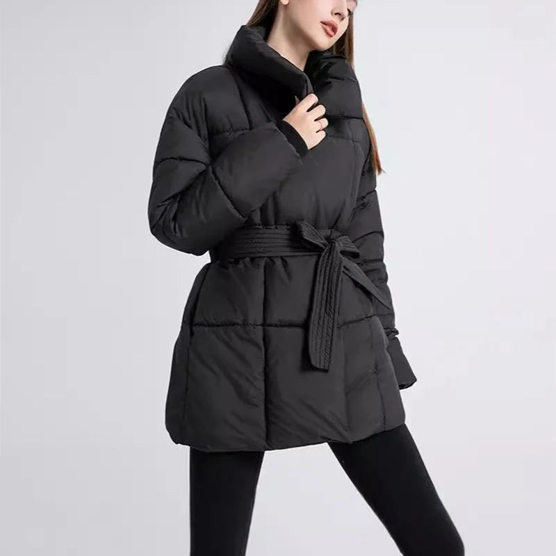 Winter plaid sewing lapel coat with lace-up design for women in black, white, and coffee