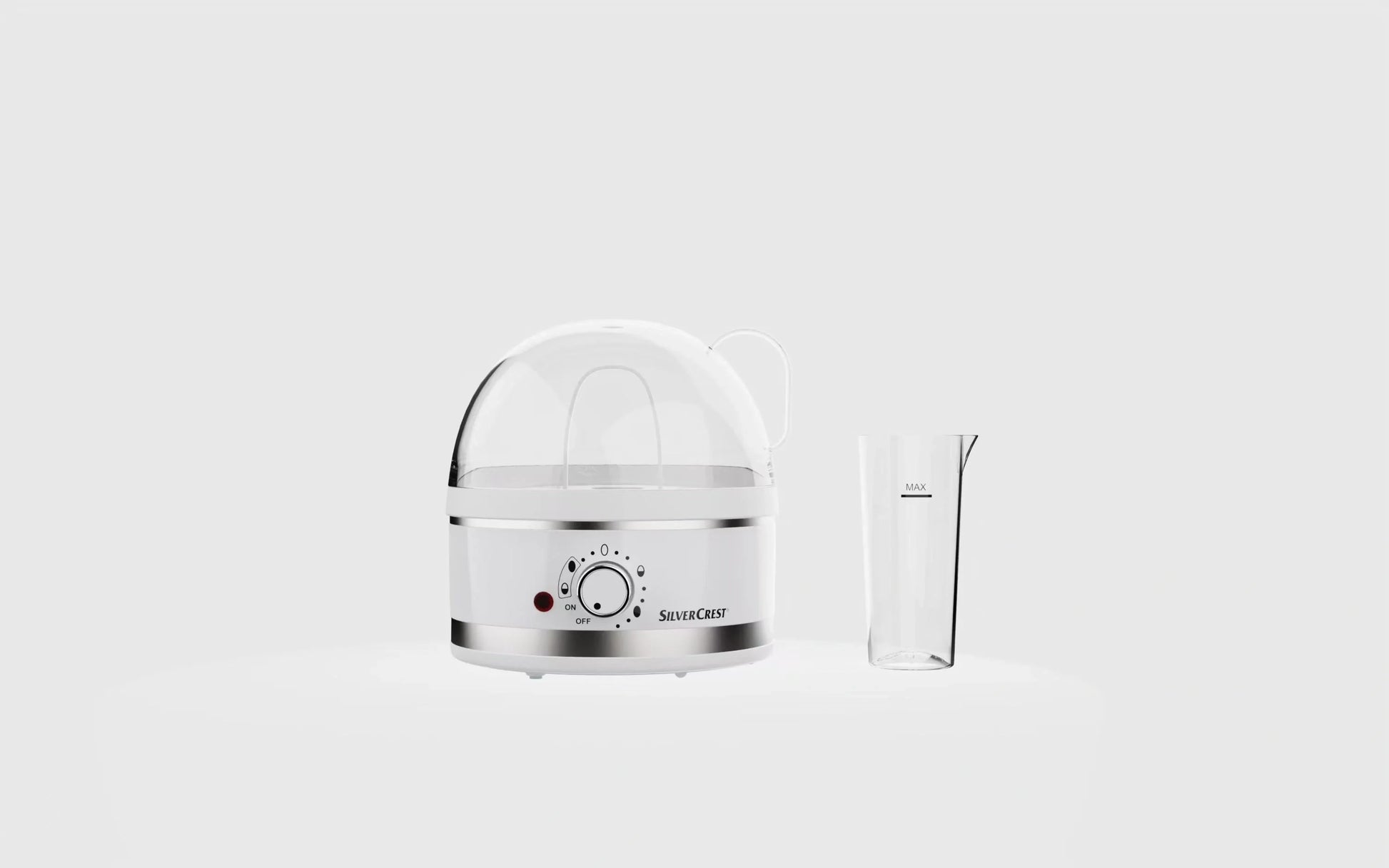 Compact plug-in steam boiler for cooking perfect eggs with adjustable settings
