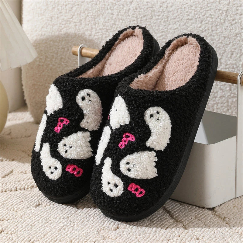 Cozy Halloween-themed cartoon ghost slippers with soft cotton construction and non-slip soles for comfortable indoor wear